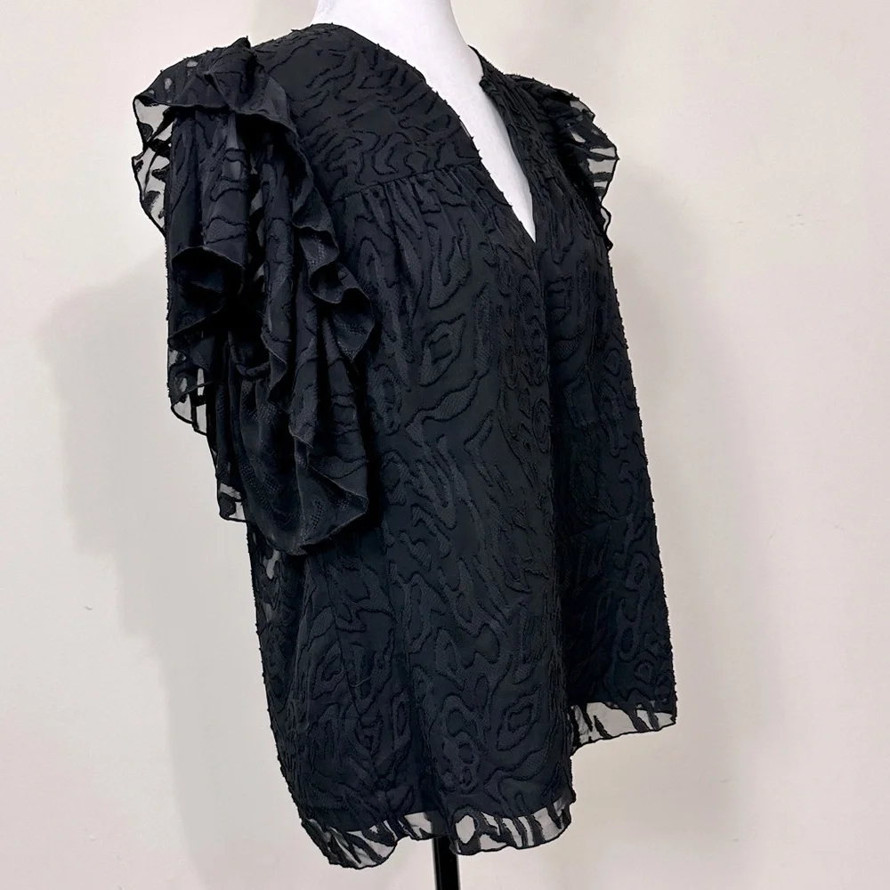 NWOT Anna Cate Black w Lace Overlay Ruffle Sleeves V-Neck Collar Pullover Top M - Picture 10 of 14